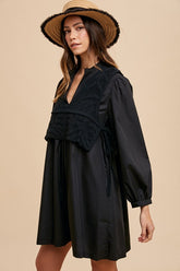 Annie Wear Crochet Vest Notched Long Sleeve Shirt Dress OutfitFlow